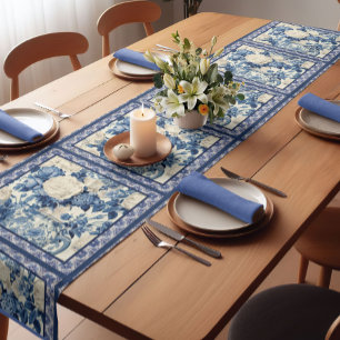 Chic floral vase Blue chinoiserie toile  monogram Short Table Runner