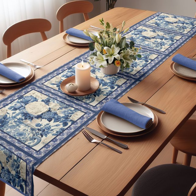 Chic floral vase Blue chinoiserie toile  monogram Short Table Runner (Creator Uploaded)