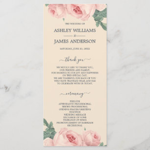 Chic Floral Vintage Pink Rose Off-white Wedding Program