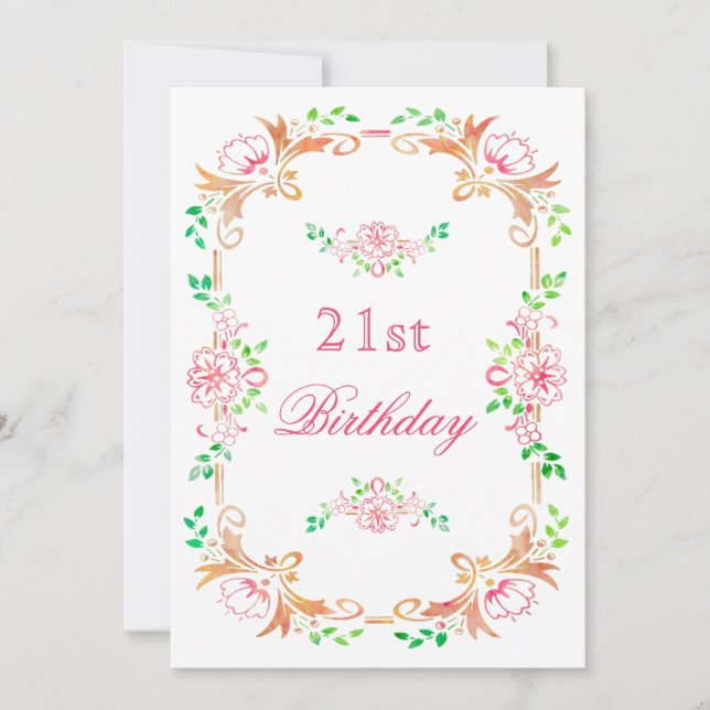 Chic Floral Watercolor 21st Birthday Double Sided Invitation (Front)