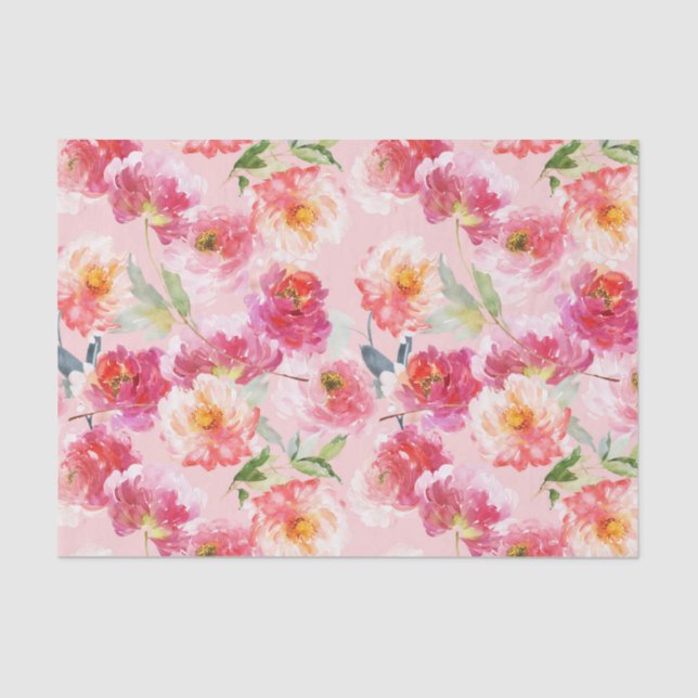 Chic Floral Watercolor Pink Peonies Pattern Tissue Paper (Front)