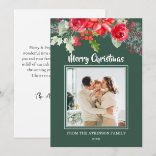 Chic Floral Watercolor Poinsettia Photo Christmas Holiday Card