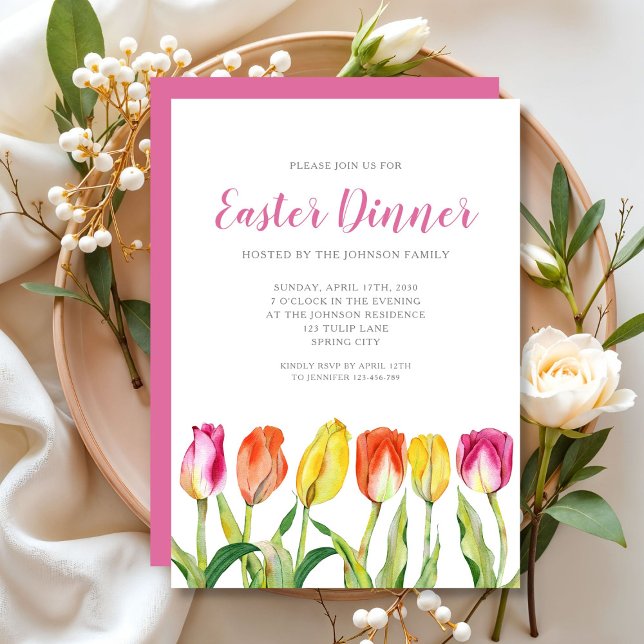 Chic Floral Watercolor Tulip Easter Dinner  Invitation (Chic Floral Watercolor Tulip Easter Dinner Invitation)