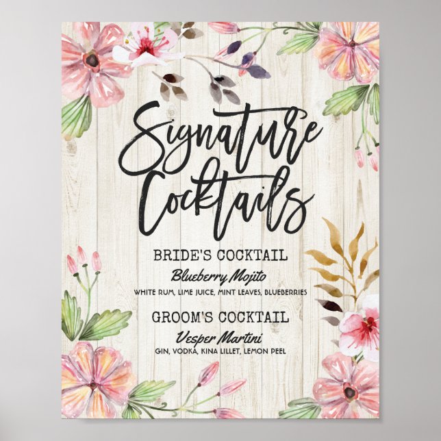 Chic Floral Wedding Signature Cocktail Drink Menu Poster (Front)