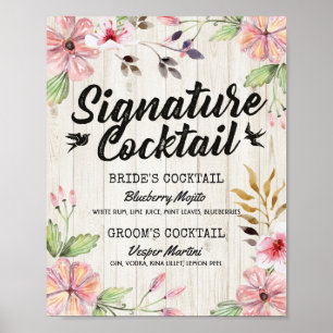 Chic Floral Wedding Signature Cocktail Drink Menu Poster
