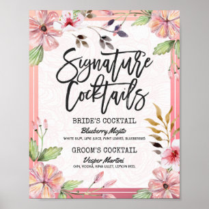 Chic Floral Wedding Signature Cocktail Drink Menu Poster