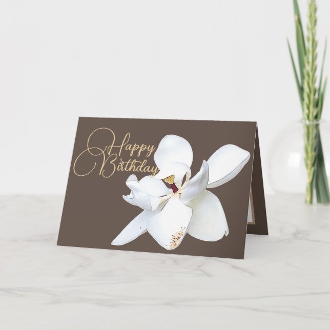 Chic Floral White Magnolia Flower Brown Birthday Card (Front)