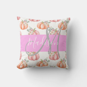 Chic Floral White Pink Peach Pumpkin Monogram Name Cushion
