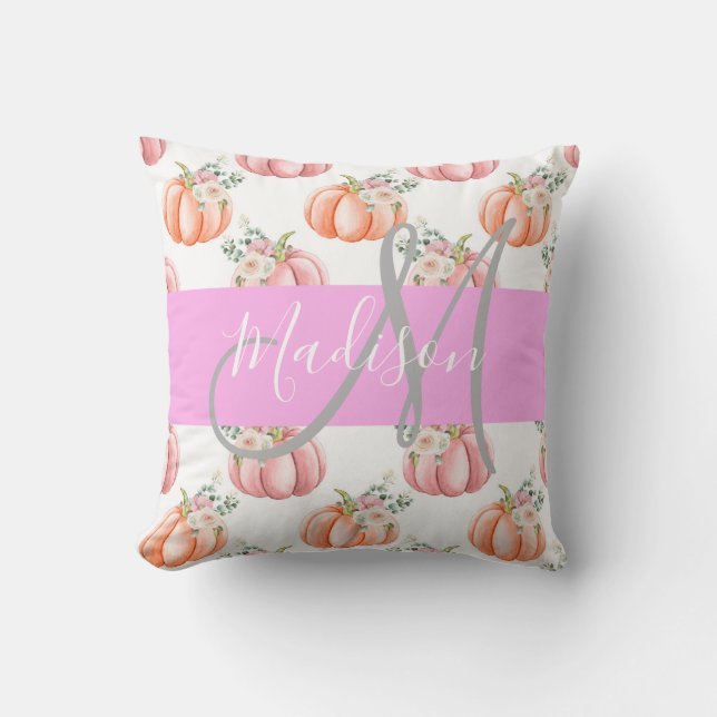 Chic Floral White Pink Peach Pumpkin Monogram Name Cushion (Front)