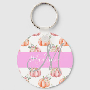 Chic Floral White Pink Peach Pumpkin Monogram Name Key Ring