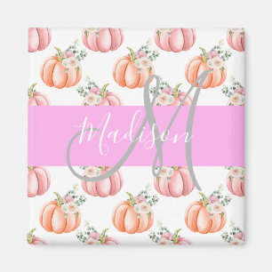 Chic Floral White Pink Peach Pumpkin Monogram Name Magnet