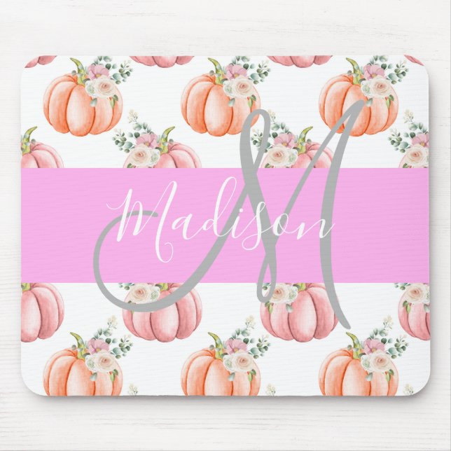 Chic Floral White Pink Peach Pumpkin Monogram Name Mouse Pad (Front)