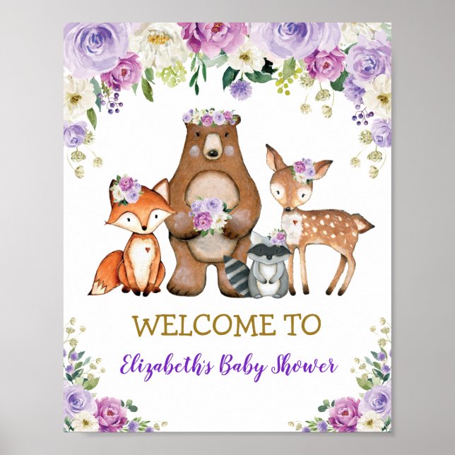 Chic Floral Woodland Baby Shower Birthday Welcome Poster (Front)