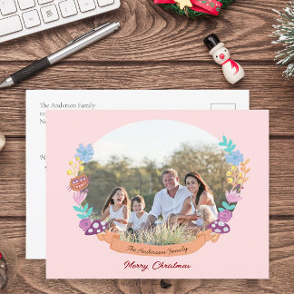 Chic Floral Wreath Blush Pink Christmas Photo Holiday Postcard