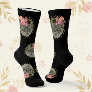 Chic Floral Wreath with a Pet Cat Photo Black Socks