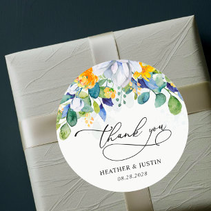 Chic floral yellow blue wedding monogram thank you classic round sticker