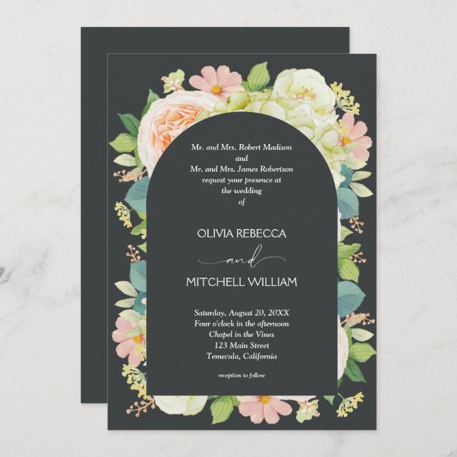 Chic Florals Dark Wedding All in One Invites (Front/Back)