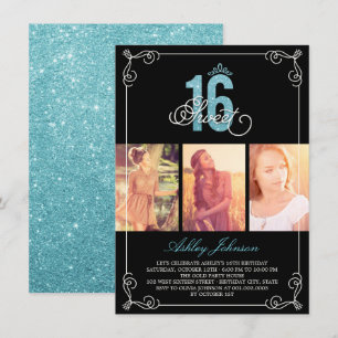 Chic Flourish Glam Sweet 16 Photo Birthday Party Invitation