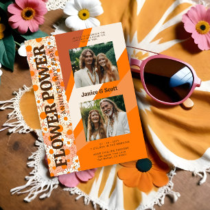 Chic Flower Power Pop 2 Photos Then & Now Wedding  Invitation