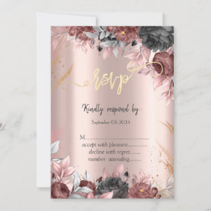 Chic Flowers Dark Roses Rose Gold RSVP   Invitation