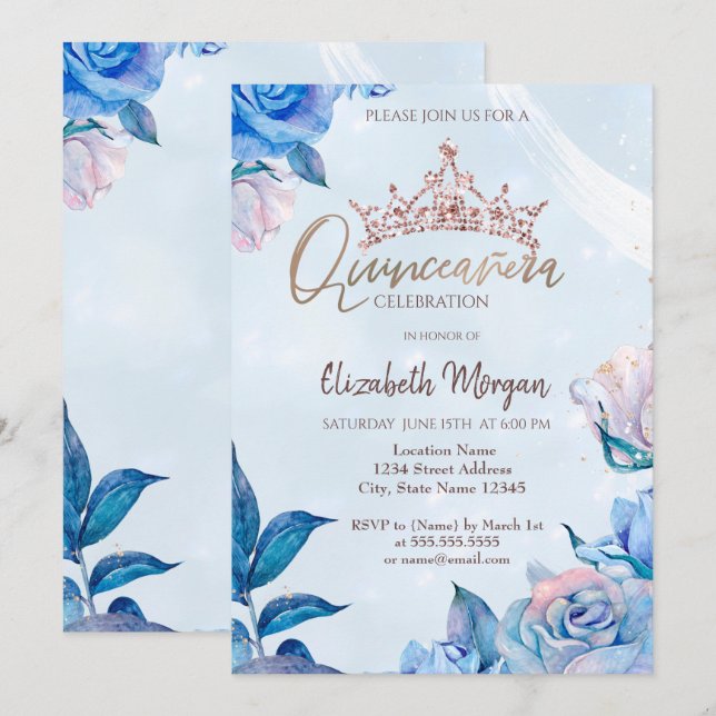 Chic Flowers Glitter Roses Crown Quinceañera  Invitation (Front/Back)