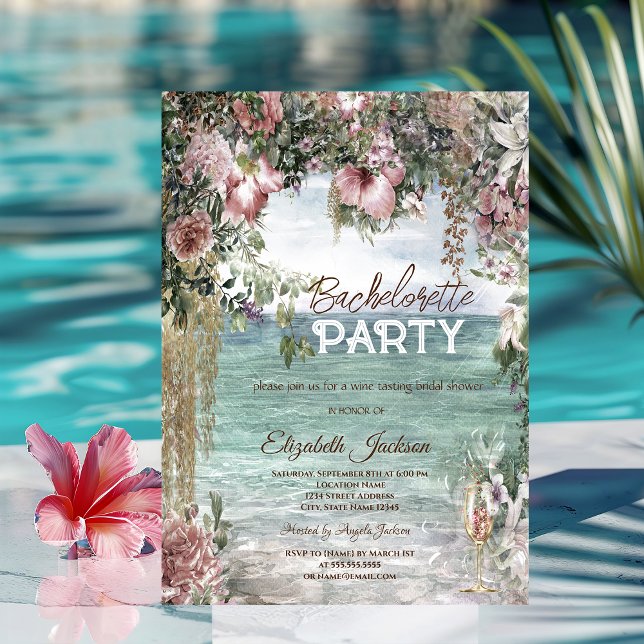 Chic Flowers Ocean Glass Bachelorette   Invitation (Creator Uploaded)