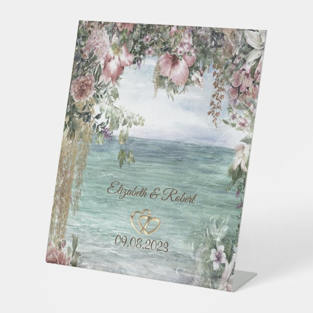 Chic Flowers Ocean Wedding Pedestal Sign (Front)