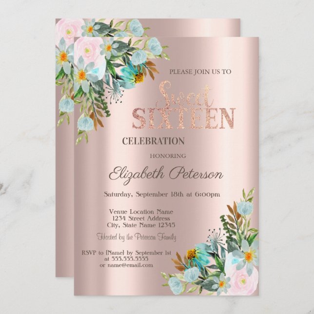 Chic Flowers Rose Gold  Sweet 16  Invitation (Front/Back)