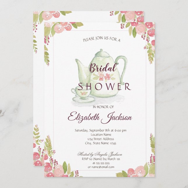 Chic Flowers Teapot Bridal Shower Invitation (Front/Back)