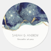 Chic Fluid Abstract Ink Gold Navy Glitter Wedding Classic Round Sticker (Front)
