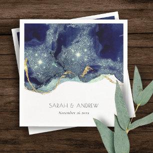 Chic Fluid Abstract Ink Gold Navy Glitter Wedding  Napkin