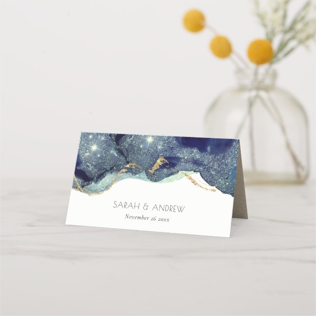 Chic Fluid Abstract Ink Gold Navy Glitter Wedding  Place Card (Front)