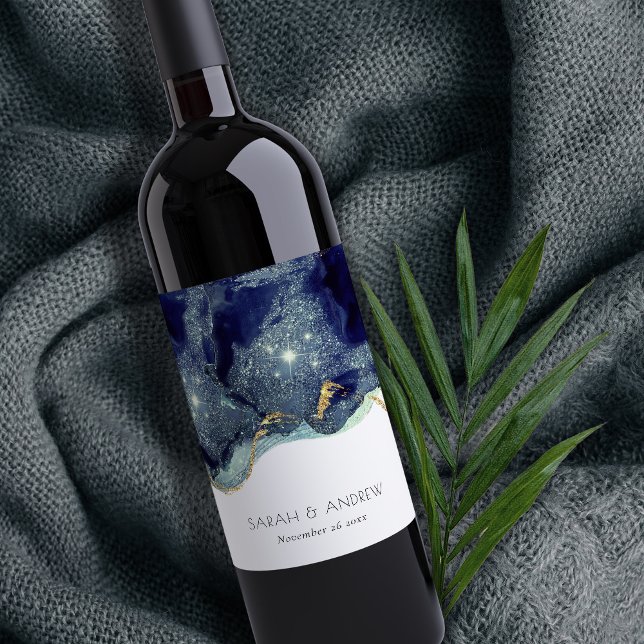 Chic Fluid Abstract Ink Gold Navy Glitter Wedding  Wine Label (Creator Uploaded)