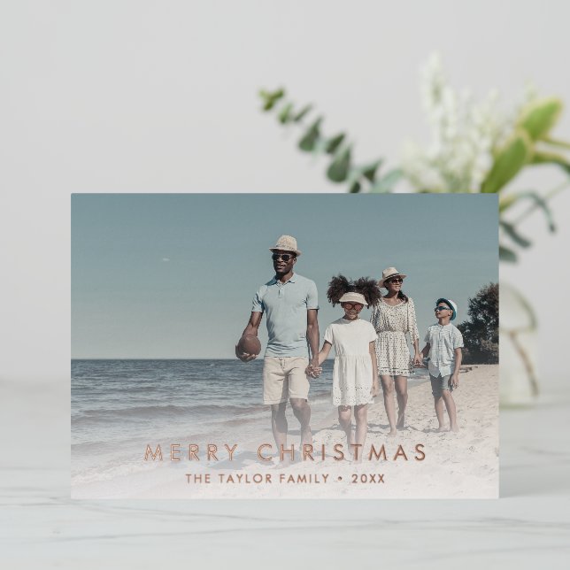 Chic Foil Merry Christmas Year In Review 2 Photo Holiday Card (Standing Front)