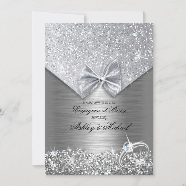 chic foil silver sparkles sequins glitter ring invitation (Front)