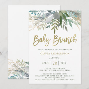 Chic Foliage Baby Brunch with Faux Gold Script Invitation