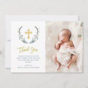 Chic Foliage Baptism Photo Thank You Card