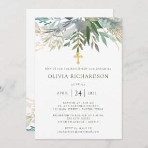 Chic Foliage Baptism with Gold Cross Invitation
