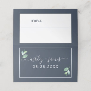 Chic Foliage Dark Blue Custom Wedding Place Card