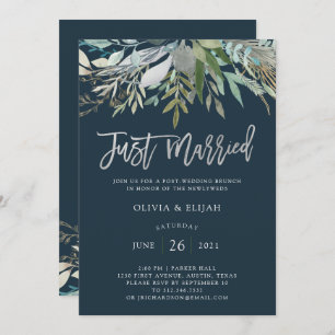 Chic Foliage Dark Blue Just Married Invitation