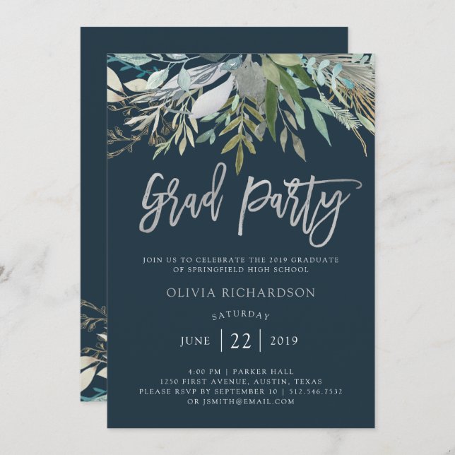 Chic Foliage | Graduation Party Silver Script Invitation (Front/Back)