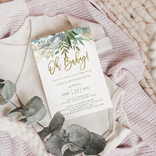 Chic Foliage Oh Baby Baby Shower and Gold Script Invitation