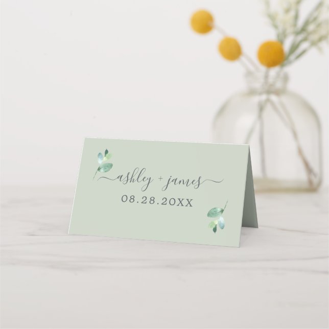 Chic Foliage Pastel Green Custom Wedding Place Card (Front)