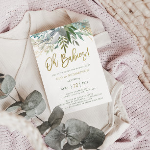 Chic Foliage Twins Baby Shower and Gold Script Invitation