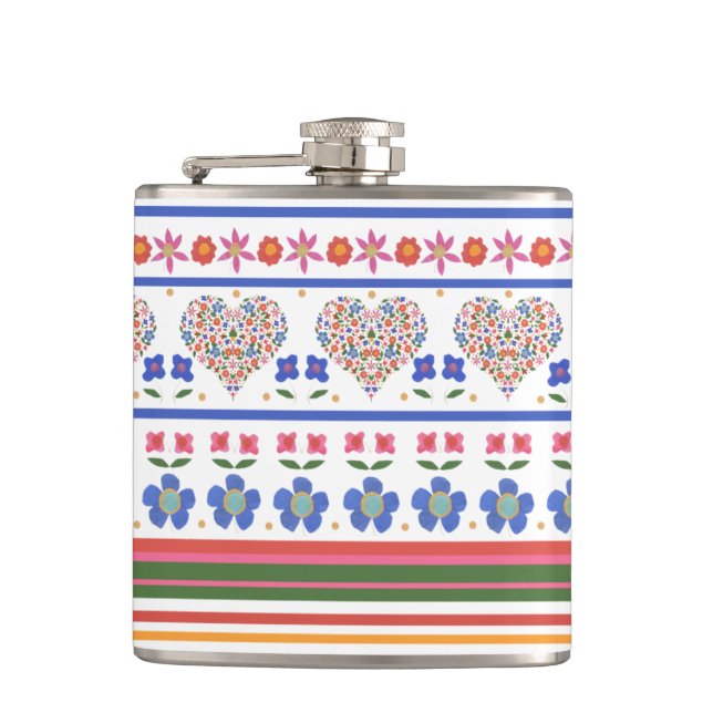 Chic Folk Art Floral Hearts Border: Hip Flask (Front)