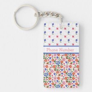 Chic Folk Art Florals on White Oblong Keychain