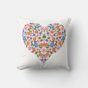 Chic Folk Art Style Floral Heart on White Cushion