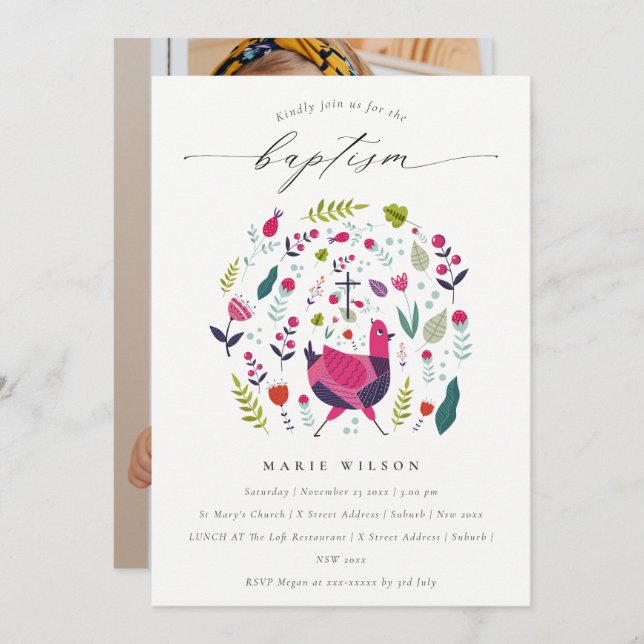 Chic Folk Farm Floral Birdie Photo Baptism Invite (Front/Back)