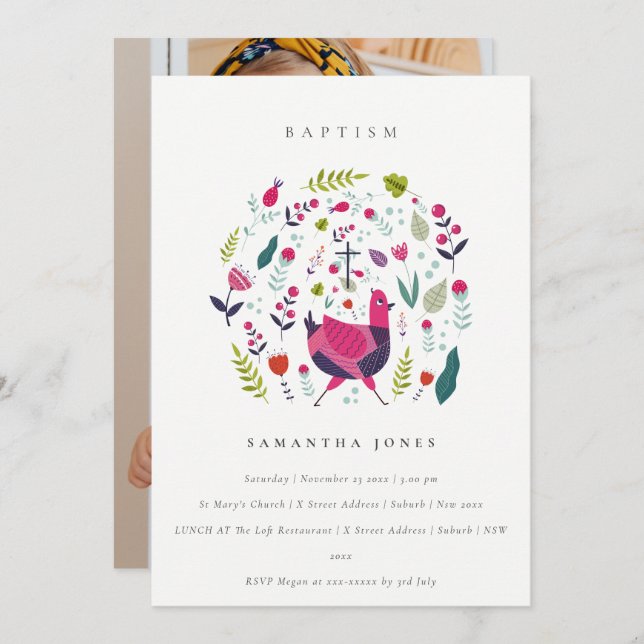 Chic Folk Farm Floral Birdie Photo Baptism Invite (Front/Back)