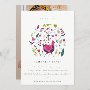 Chic Folk Farm Floral Birdie Photo Baptism Invite